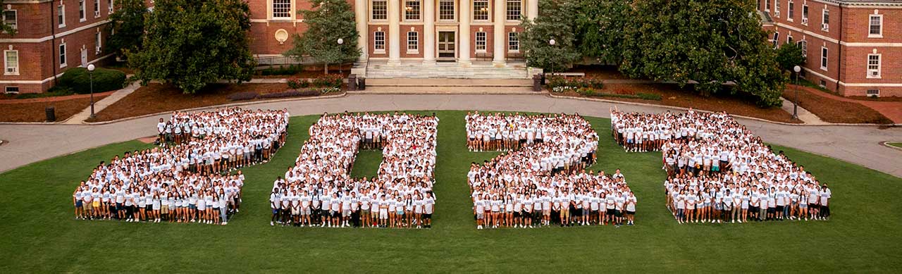 Aerial view of Duke students spelling out 2023