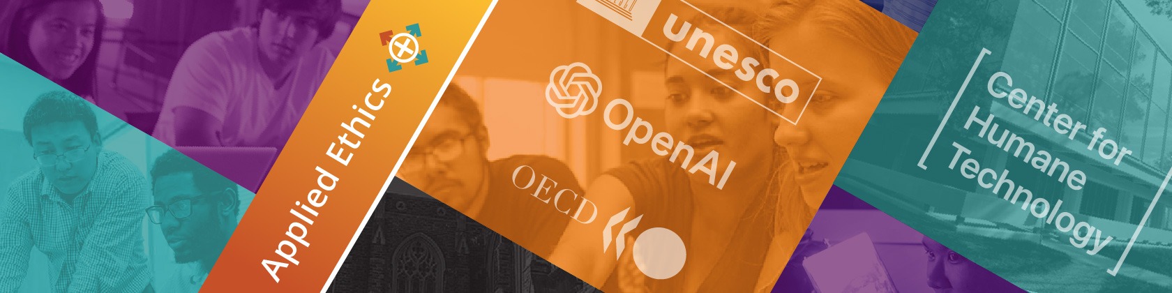 Applied Ethics Plus 2024 website banner featuring project hosts OpenAI, UNESCO, OECD, Center for Humane Technology, and Regeneron