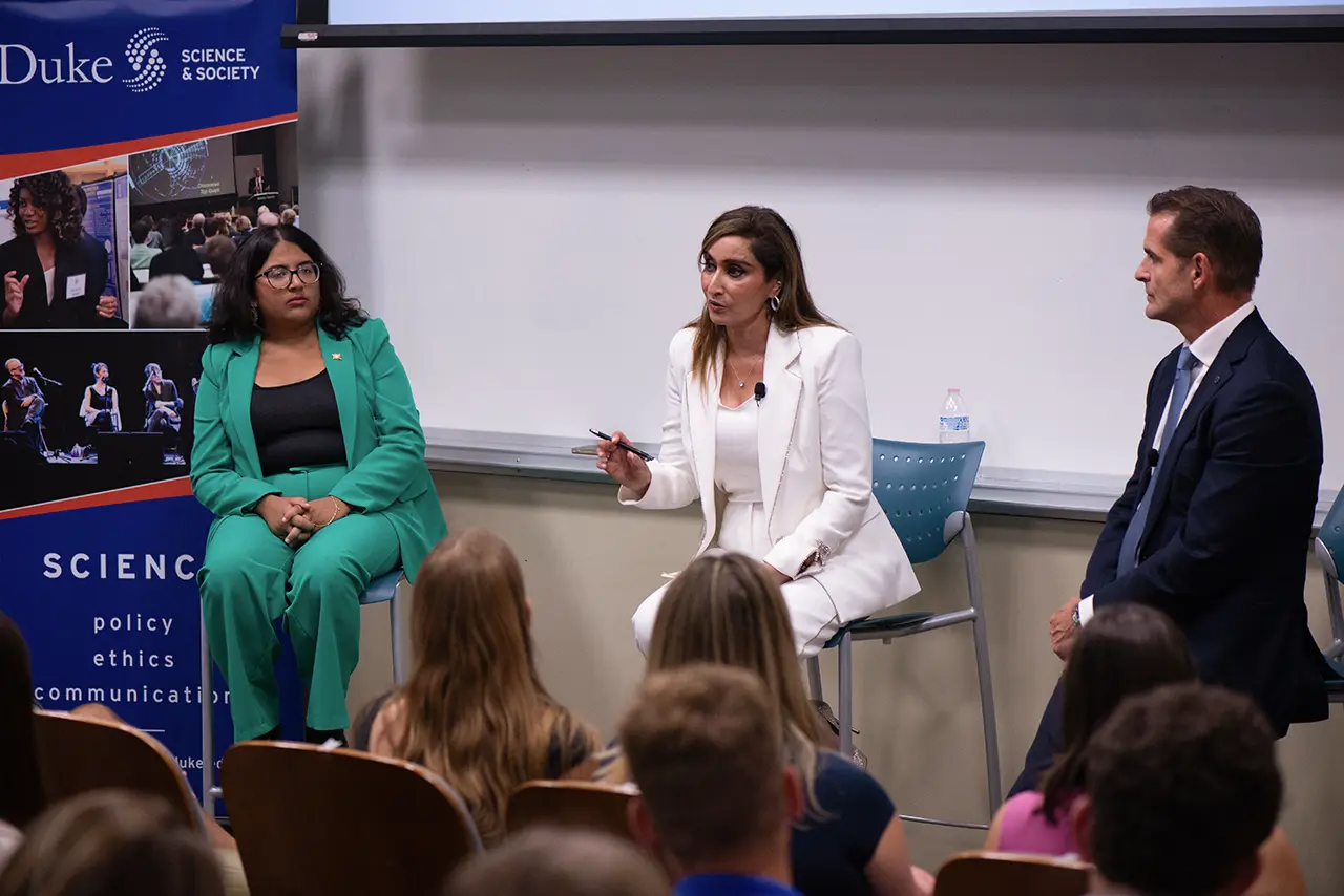 Ambassador Shefali Razdan Duggal presenting to a crowd of students at Duke University