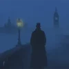 A rendering of a dark figure in a top hat standing on a bridge at night.