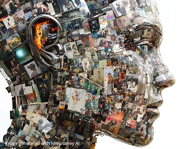 A patchwork collage of photos representing humanity, overlaying an android AI portrait.